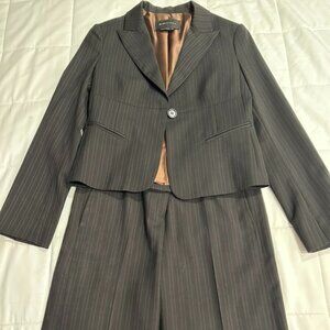 BCBG MaxAzria 2-piece suit, brown with light blue pinstripe.  Jacket S, Pants 8